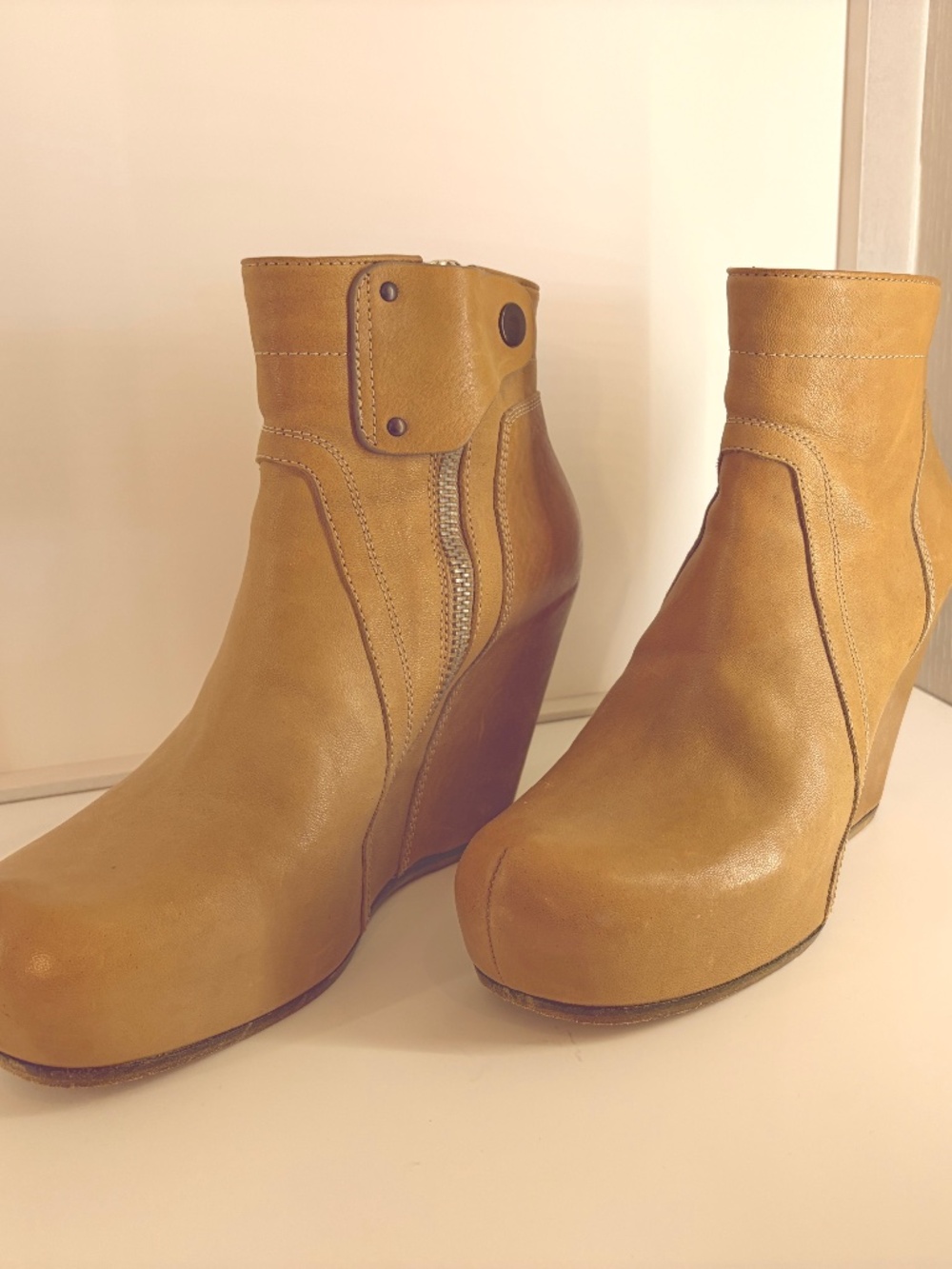 Rick Owens Camel Leather Hidden Wedge Ankle Boots EU 38 Retail $1200